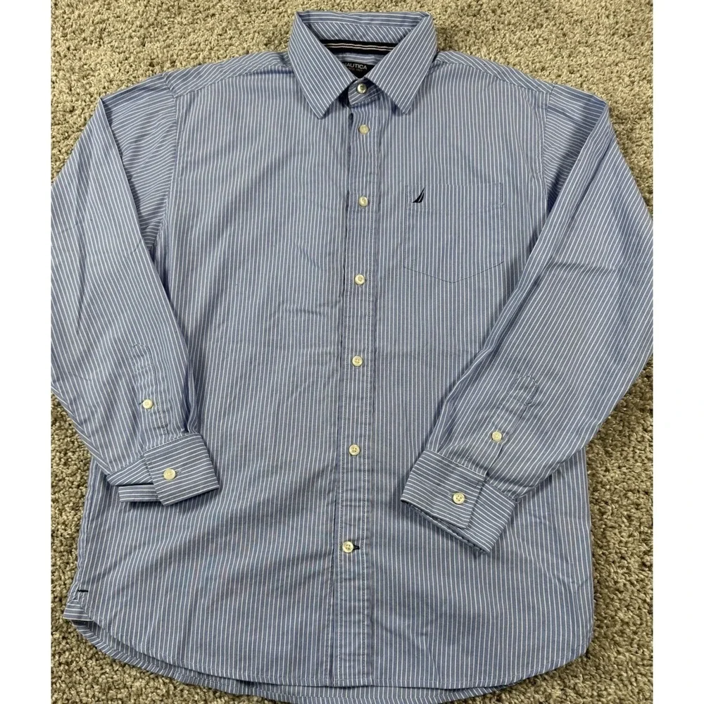 Nautica Boys Button Up Dress Shirt Blue White‎ Stripe 16